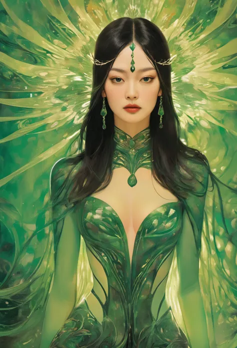 A provocative painting portraying a sultry lady from hell in a captivating green-themed scene, embodying the allure and power of...
