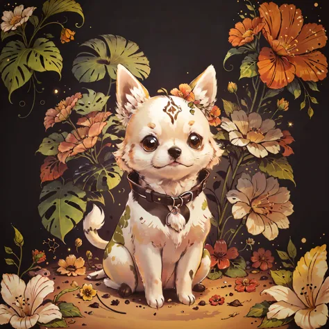 Cute 00d, flower, white Chihuahua, {deep black background}