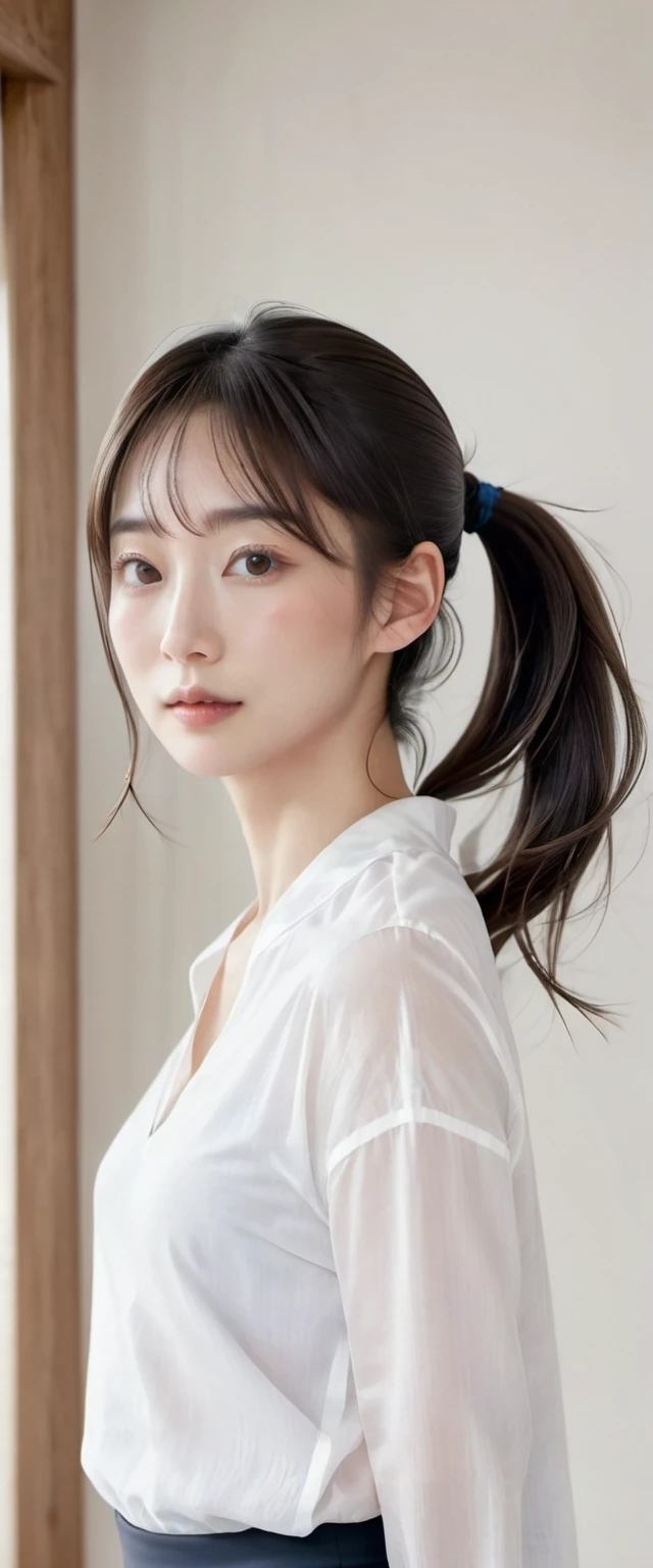 8K resolution，A Japanese-Korean mixed-race woman with light makeup，Beautiful Nariko 34 years old，tie a ponytail，A shy expression on his face。Clean and delicate face from the front，Wearing a delicate white shirt，Delicate gauze yoga pants，standing in the room，Facing the camera。