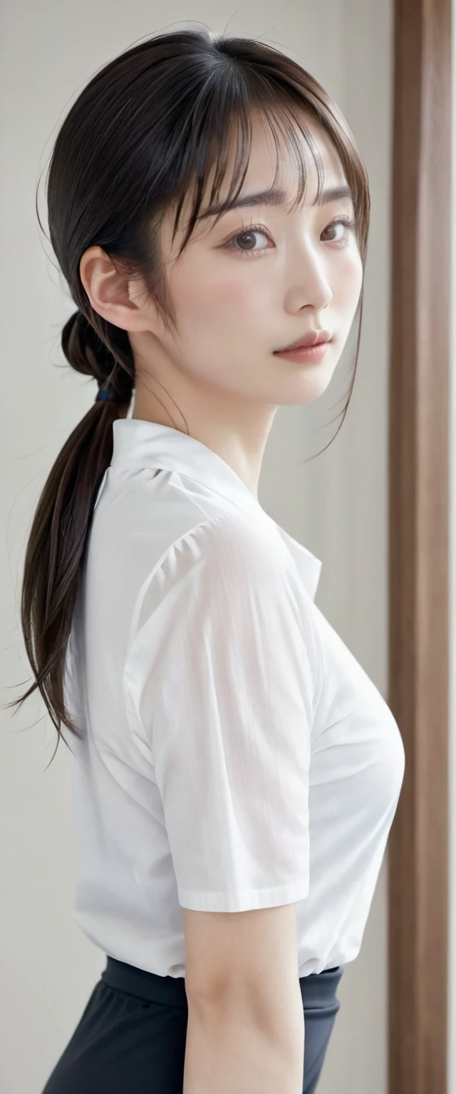 8K resolution，A Japanese-Korean mixed-race woman with light makeup，Beautiful Nariko 34 years old，tie a ponytail，A shy expression on his face。Clean and delicate face from the front，Wearing a delicate white shirt，Delicate gauze yoga pants，standing in the room，Facing the camera。