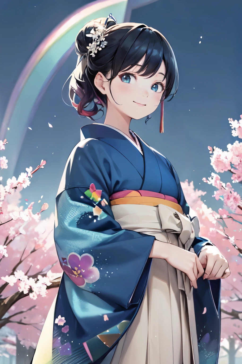 (best quality:1.2), masterpiece,Watercolor,anime,kawaii,1 female, 19 years old,cute,ultra-detailed face,cute detailed eyes,smile,black hair,chignon,Light blue stardust pattern kimono,(rainbow gradient 袴 dark blue:1.4),Standing watching the audience,Cherry tree,Cherry blossom snowstorm in the scenery,,modern japan,graduation ceremony,University,Inside the school grounds where the sun shines