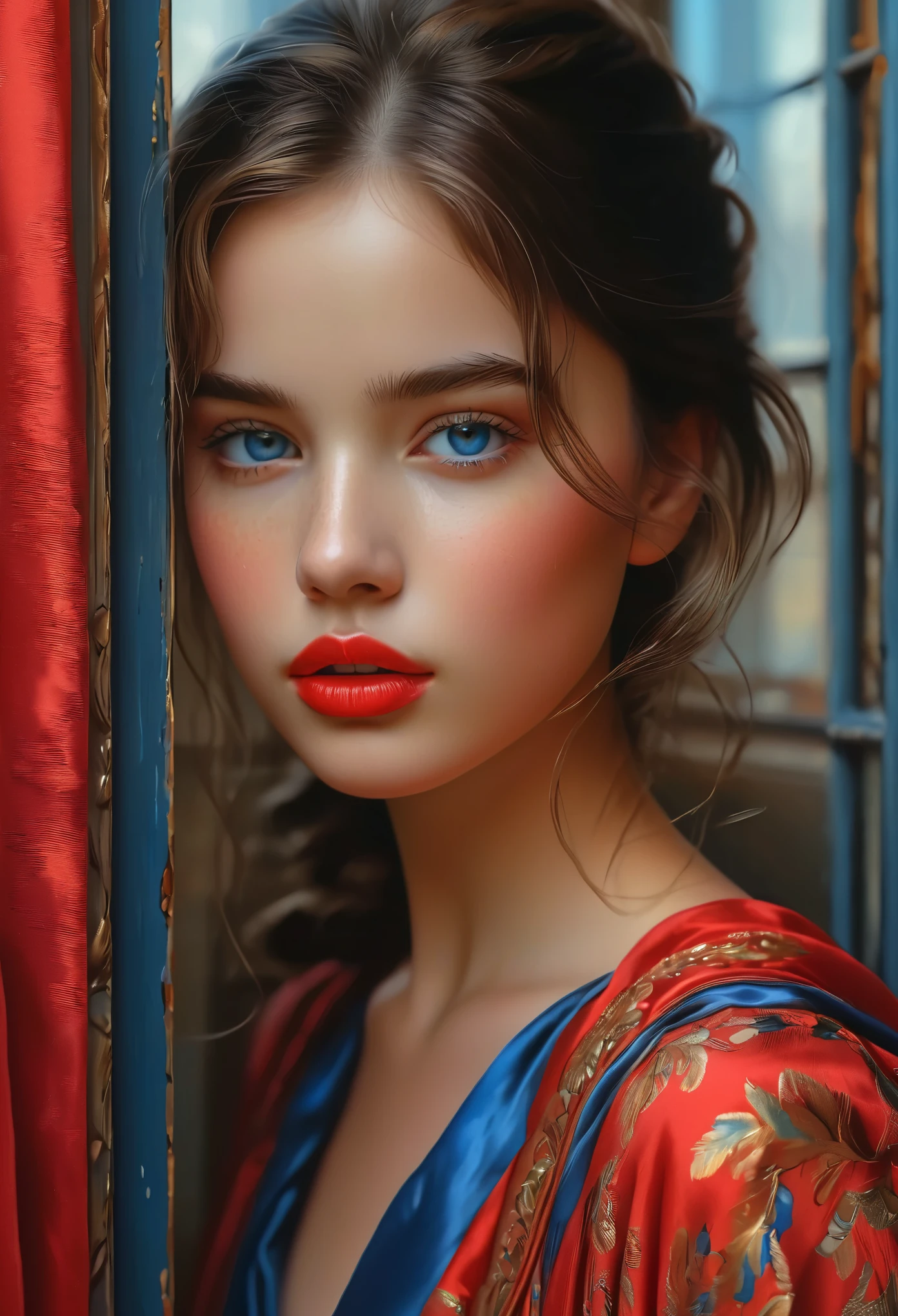 (最高品質, 4k, 8K, 高解像度, 傑作: 1.2), (非常に詳細な, 現実的, 写実的な:1.37)魅惑的な少女, 赤と青の印象的な衣装を身にまとって, 強靭さと決意の雰囲気を漂わせながら窓の前に立つ. 彼女の魅惑的な目は精巧に描かれている, あらゆるきらめきと深みを捉える, 彼女の唇は魅惑的で魅惑的な美しさを誇っています. 細部までこだわった作りは顔全体に及んでいる, それぞれの輪郭と特徴が完璧に細心の注意を払って表現されている, 視聴者を引き込むハイパーリアリズムの感覚を生み出す. 

女の子の服装, 油絵を彷彿とさせる, それ自体が芸術作品です. 生地, 鮮やかな筆遣いを巧みに表現した, 彼女の全体的な外見に躍動感を与える. それはまさにアーティストの才能の反映である, 熟練の技を披露する