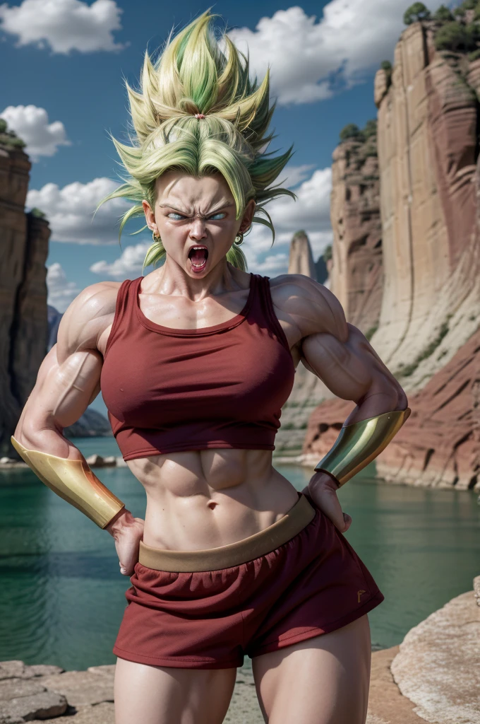 masterpiece, best quality, berserkKale, green hair, muscular female, no pupils, red tank top, red skirt, bracer, midriff, shorts under skirt, looking at viewer, open mouth, furrowed brow, angry, rock formations, standing 