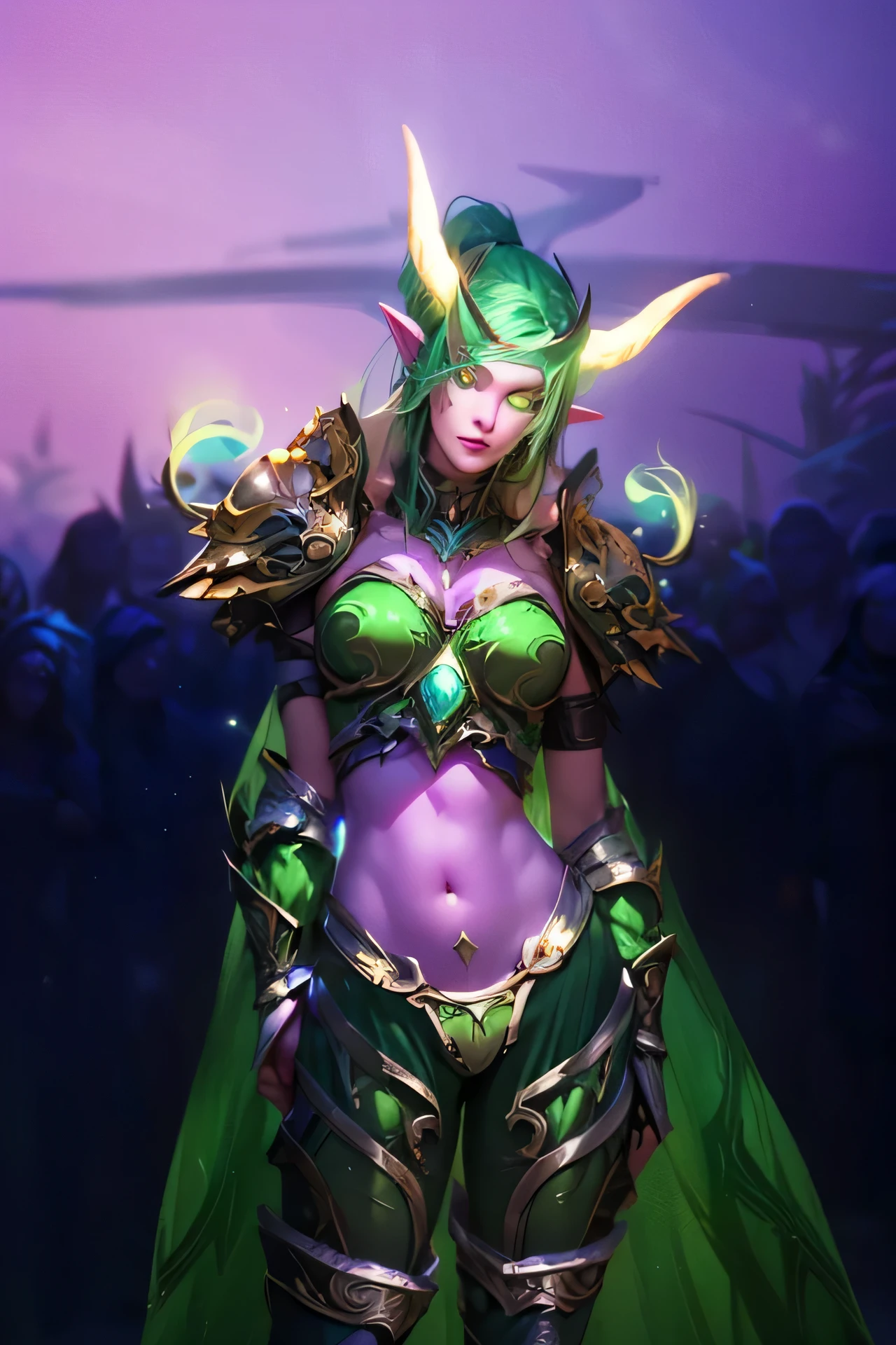 a close up of a woman in a green costume with horns, world of warcraft elven druid, alluring tiefling druid, in opal armor, attractive tiefling druid, female druid, beautiful female druid, female earth mage, clothed in ethereal battle armor, wearing green battle armor, glowing lights in armor, female mage!, an almighty warlock