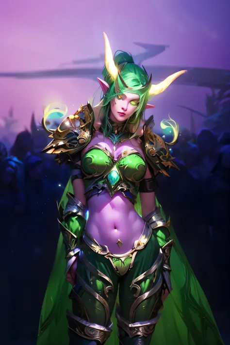 a close up of a woman in a green costume with horns, world of warcraft elven druid, alluring tiefling druid, in opal armor, attr...