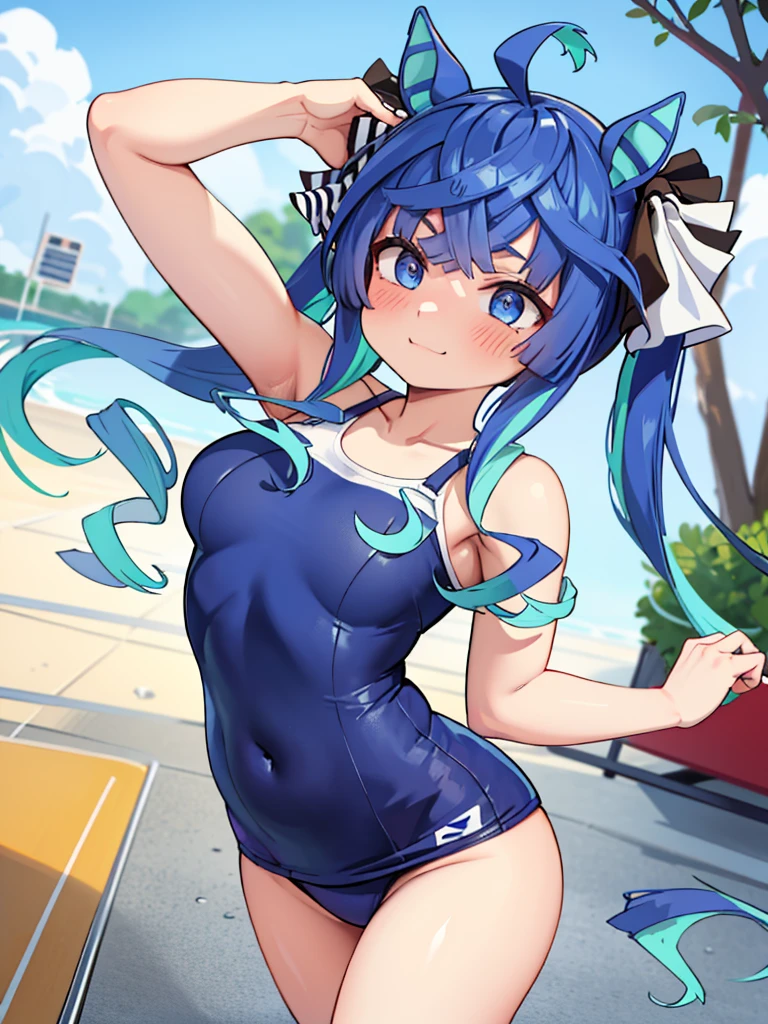 Double turbo (umamusume)haute résolution,Haute qualité,8k,1 fille,Mignon,rougir,maillot de bain scolaire bleu marine,au bord de la piscine,Faible angle,Poitrine moyenne,最Haute qualité,Beaux seins