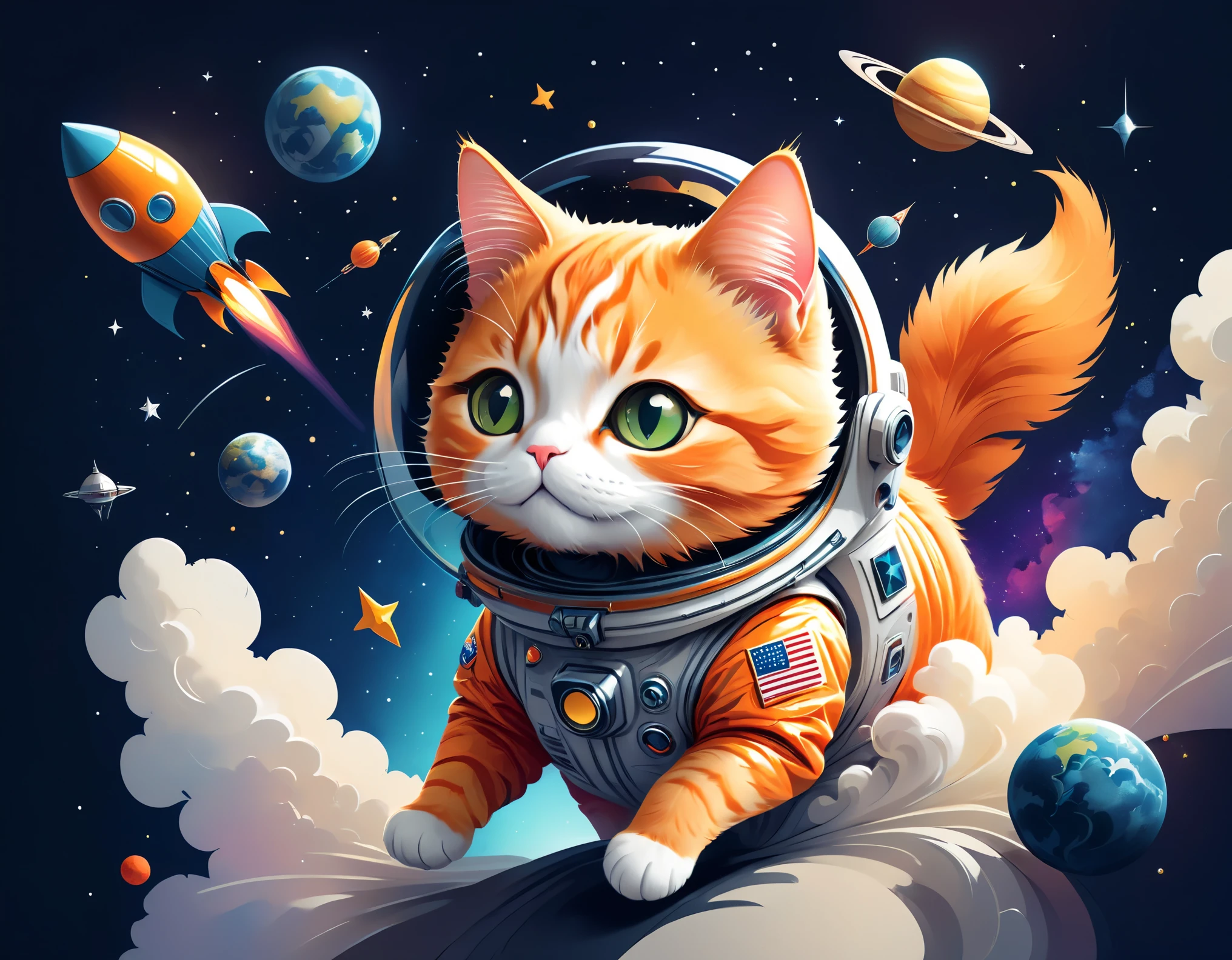 vector art:Cat astronaut,draw with thick lines,illustration,adobe,flat design,Works created by professional designers,超Brilliant宇宙旅行,orange cat:Spacesuit,Rocket emblem,technology,adventure,Inside the spaceship,Stainless steel panel,monitor,Control panel,spaceship windows,no gravity,buoyant,floating object,cute,Fantastic,Brilliant,Bokeh effect,fun,Wonderful,joy,masterpiece,最高masterpiece,rich colors,colorful,cool,rendering,zentangle elements,line art,