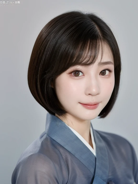 (kawaii 24 year-old Japanese girl, Nogizaka idol, Korean idol), (glossy black hair, medium bob cut:1.3), (extra rounded face, forehead, single eyelid, no makeup, soft smile:1.2), (wearing light blue concept Hanbok, Korean traditional cloth:1.3), (looking at viewer:1.2), BREAK, (simple white background:1.2), (dynamic angle, portrait:1.3), BREAK, (masterpiece, best quality, photo realistic, official art:1.4), (UHD, 8K quality wallpaper, high resolution, raw photo, film grain:1.2), (shiny skin), professional lighting, physically based rendering, award winning, (perfect anatomy, highly detailed skin, extremely detailed face and eyes, well drawn clear pupils), Carl Zeiss 85 mm F/1.4, depth of field, 1girl, solo,