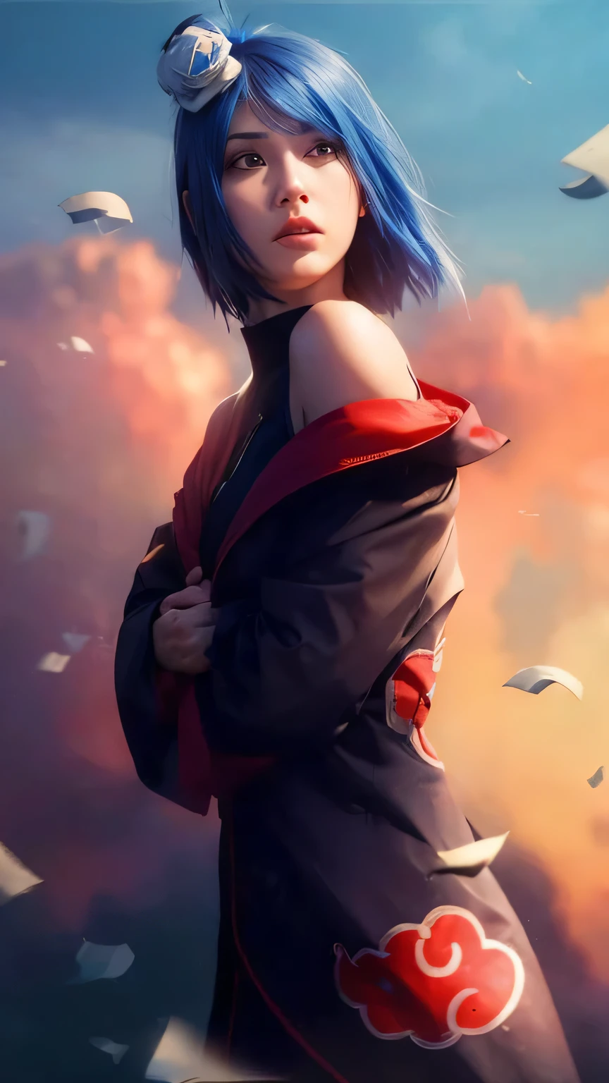 (8k, RAW photo), (best quality), (masterpiece), (realistic,) (photo-realistic), (highres), ultra-detailed, (realism:1.1),beautiful face, (1girl:1.1), woman, (looking at viewer), cowboy shot, japanese, konan \(naruto\), (akatsuki outfit:1.1), labret piercing, dark blue hair, professional lighting, photon mapping, physically-based rendering, dark theme,