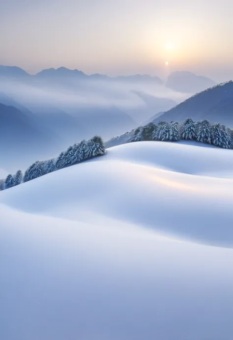 Snow in winter，It's white，Pure, Immaculate、The chill is biting、Silence and tranquility、Vast、Covered in silver，wide wide shot，mor...