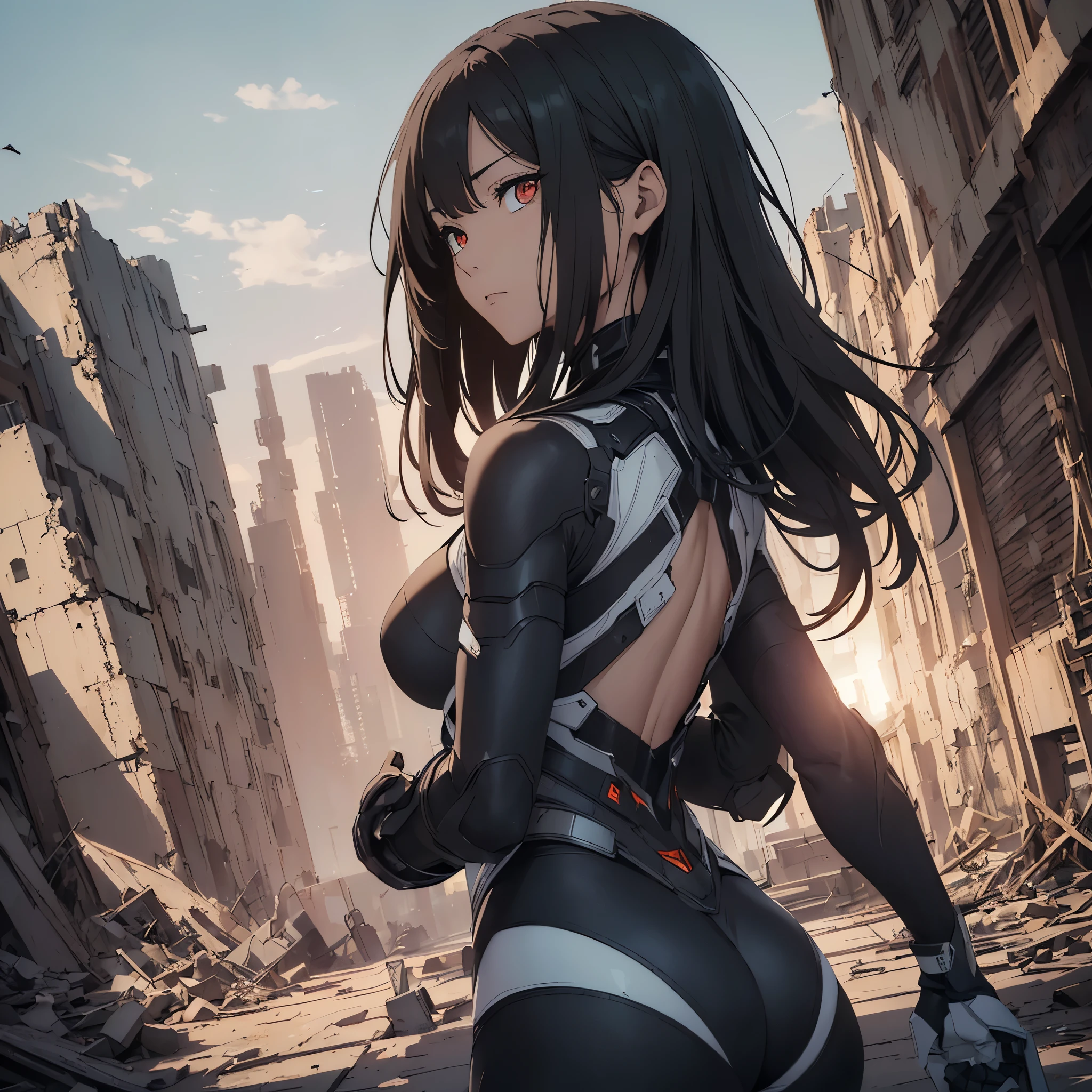 top-quality、Top image quality、​masterpiece、mature woman with((tight combat suit、cyborgs、System Dynamicetallic body、Best Bust、Medium bust、Long black hair、 red eyes、Beautiful back、deadpan、Show Back View、low angles)）hiquality、Beautiful Art、Background with(A desert、Collapsed buildings、natta、nigh sky、stele々)),masutepiece、Elaborate design、visualart、depth of fields、The best lighting、highestdetailed、low angles