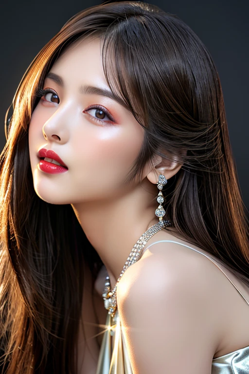 (highest quality、Full body photo 1.2、8K、best image quality、Award-winning work)、(one young girl, 14 years old:1.3)、(Luxury dresses:1.2)、(red eyeshadow:1.2)、perfect makeup、long eyelashes、Super high-definition sparkling eyes、ultra high definition hair、ultra high resolution glossy lips、Super high resolution perfect teeth、Super high resolution cute face、brown hair、(((very long straight hair:1.2))、look at me and smile、[clavicle]、accurate anatomy、Luxury love hotel、(The most moody warm lighting:1.2)、blurred background、With bangs、Super high-resolution glossy and moisturized face、Super high resolution glowing skin、most detailed face、Ultra high resolution detailed faces、ultra high resolution hair、Super high resolution sparkling eyes、Beautiful face drawn in every detail、Super high resolution glossy red lips、big breasts、cleavage、Fashionable necklaces、(((Full body photo 1.2)))