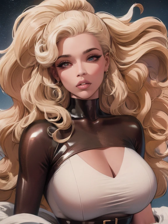 Best quality, 8K, woman, beautiful and detailed face, blod curly long hair, big eyelashes,LOOKING TO observer,beige bodystocking, black belt,SPACESHIP scenario