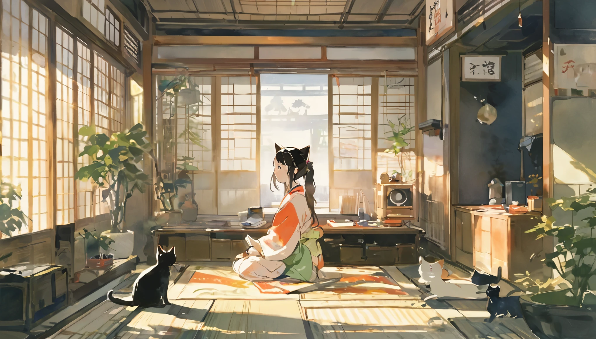 Anime scene of a woman sitting on a mat with a cat - SeaArt AI