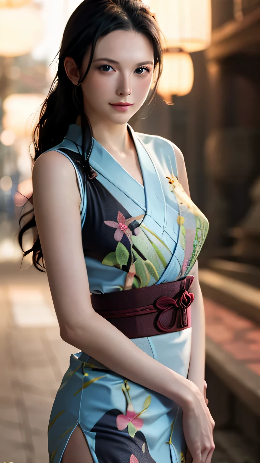 (Masterpiece), 1girl, high quality, best quality, extremely detailed eyes, extremely detailed body, blush, highly detailed, Nico robin, one piece, black hair, blue eyes,  looking at viewer, smile, closed mouth, 1girl, black floral kimono, long kimono, upper body, eyewear on head, hair slicked back, medium breasts, detailed background, outdoor, sky, (ultra detailed), (8k, intricate), (85mm), light particles, lighting, full body, (highly detailed:1.2), (gradients), sfw, colorful, (detailed background), (rule of third_composition:1.3), (Line of action:1.2), daylight, solo, sexy posing