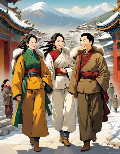 Susanne Paschke style，Vector Art ，vector art，，Chinese oil painting, closeup of Tibetan people wearing plain cotton cloth and woo...