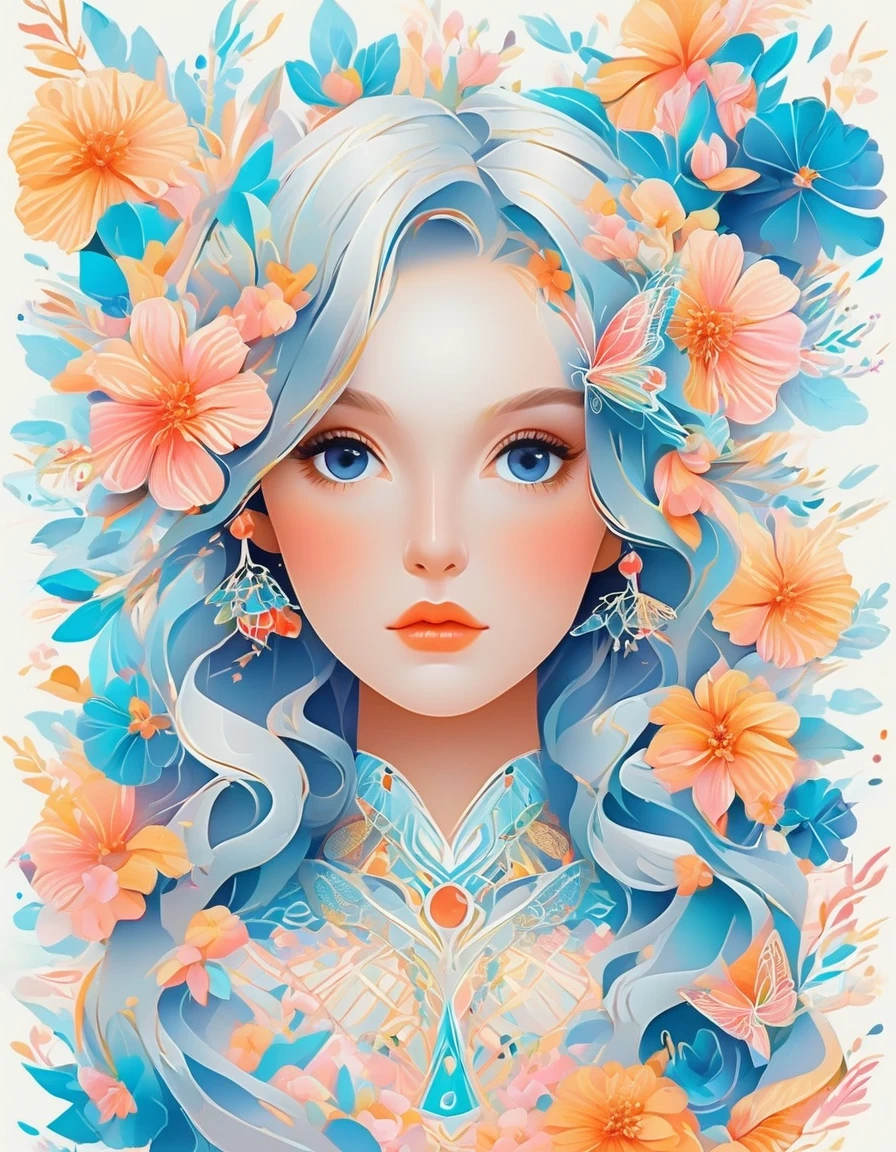 Susanne Paschke style，Vector Art ，vector art，Helen Huang style， girl，portrait，vector art，floral pattern：1.1，geometric elements，sharp lines，X-ray，neon color，beautiful eyes，color palette，line art，Hair and butterfly transformation，Symmetrical balance，Fantasy elements，dreamy atmosphere，Geometric symmetry，soft light，ethereal，White background，Moderate：digital illustration。
