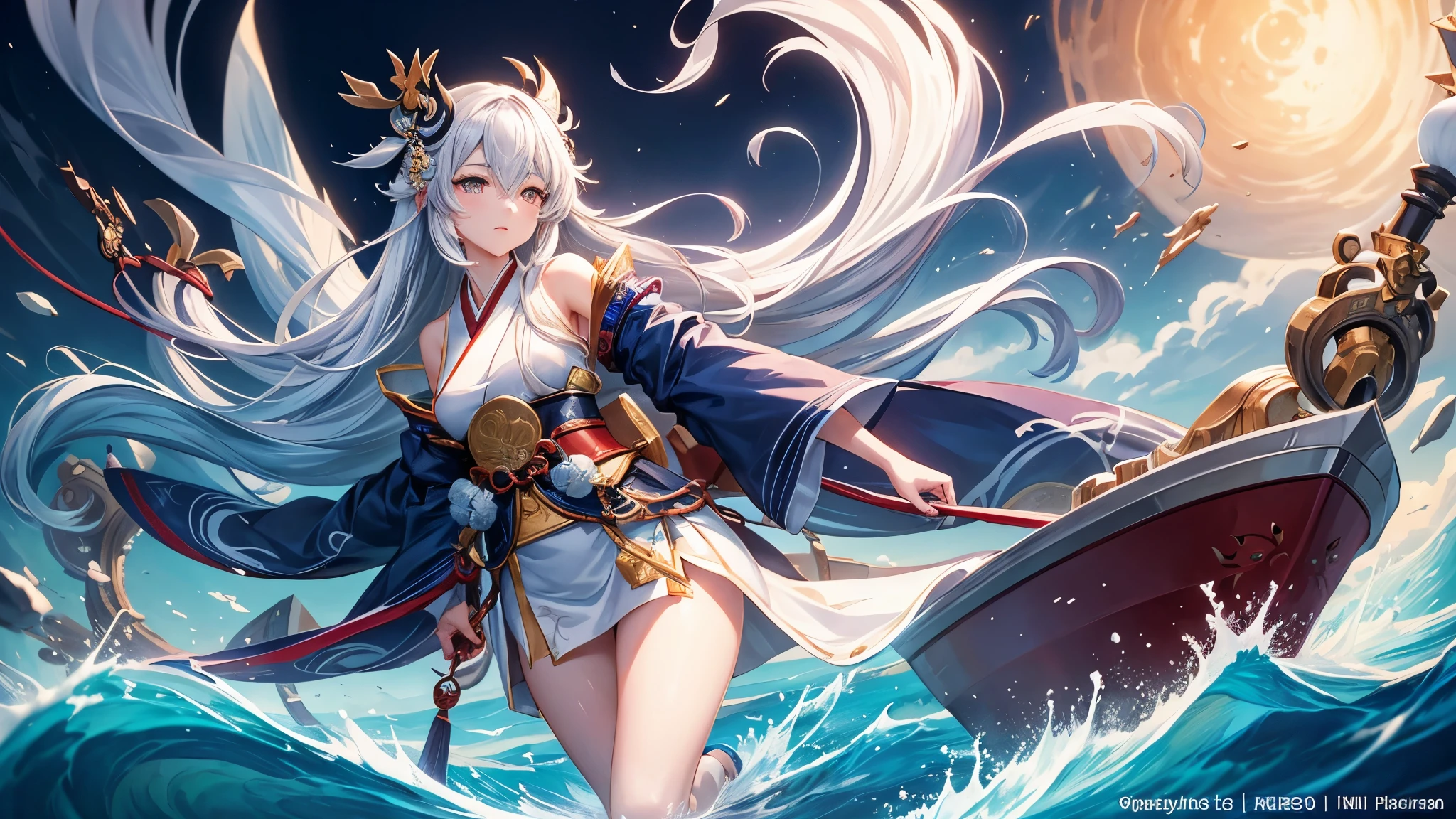 Imagine an 8k resolution, full-length Shanxia portrait in the anime style, reminiscent of the artistry in "Kantai Collection." The girl is an Onmyoji, a master of spiritual magic, with long flowing hair and a pristine white dress that speaks to her mystical purity. She holds an ancient sword, its blade inscribed with runes that glow faintly. Her attire is a blend of traditional Onmyoji garments and the unique, ship-like characteristics found in "Kantai Collection" designs, suggesting a spiritual guardian of seafarers. 

Her outfit should be rich in detail, from the delicate fabric patterns to the armor-like elements, merging the ethereal and the martial. Her expression is serene yet focused, capturing the essence of a warrior at peace with the unseen realms she commands. The background is an atmospheric blend of a traditional Japanese landscape and the misty expanse of the open sea, hinting at a story where the spirit world and the naval fleets intersect. The artwork must pay homage to the intricate detailing characteristic of both Onmyoji art and "Kantai Collection," ensuring every element from the girl’s striking features to the ambient setting is depicted with the utmost care and quality.
