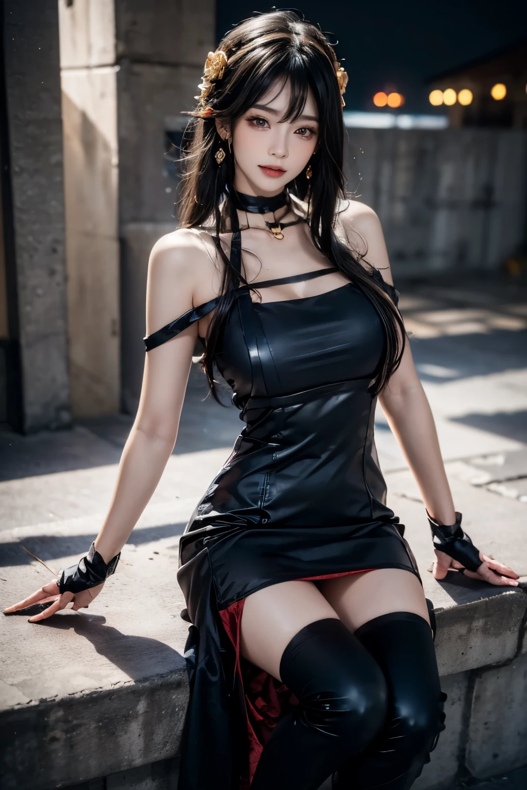 (highest quality, 4k, masterpiece :1.3), Beautiful woman, surreal, 1 girl,),Ajolf,Natural makeup,side lock, gold hair band, gold earringss, side lock, gold rose hair ornament, gold earrings, big breasts, bare shoulders, black dress, double sided dress ,  choker, thigh boots,  , fingerless gloves, thigh boots,Slender beauty, (attractive body :1.2), sit-ups exercise :1.1, long black hair 1.1, super detailed face, lip details, fine eyes, double eyelid, sensual low neck dress, open neckline, sideways pose,Are standing, visible curve,muscular and bent legs, Youghal, masterpiece, highest quality, High resolution, aaYoughalf,cowboy shot, Are standing, looking at the viewer, outdoor, night, (perfect anatomy:1.2 big butts, jewelry, off shoulder, black pantyhose, cute smile,  Beautiful and bright lighting, beautiful breasts, 