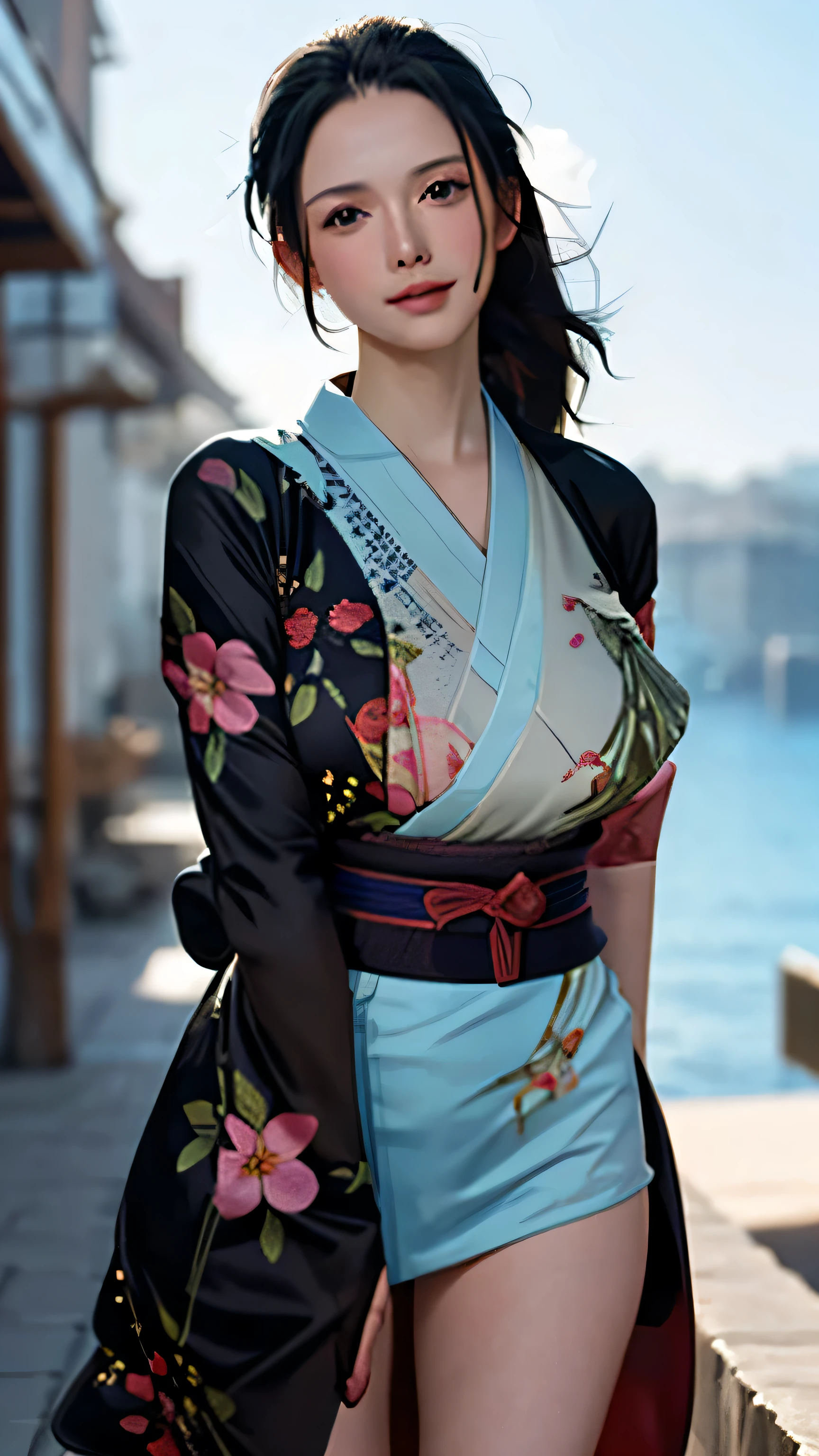 (Masterpiece), 1girl, high quality, best quality, extremely detailed eyes, extremely detailed body, blush, highly detailed, Nico robin, one piece, arc wanokuni, black hair, blue eyes,  looking at viewer, smile, closed mouth, 1girl, black floral kimono, long kimono, upper body, eyewear on head, hair slicked back, big breasts, plumpy body, detailed background, outdoor, sky, (ultra detailed), (8k, intricate), (85mm), light particles, lighting, full body, (highly detailed:1.2), (gradients), sfw, colorful, (detailed background), (rule of third_composition:1.3), (Line of action:1.2), daylight, solo, sexy posing