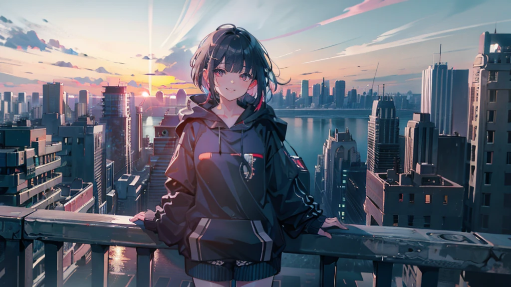 Delicate and beautiful hair, eyes and face, realistic, super detailed, beautiful girl, blue sky, (side light:1.2), Light of the sun, White cloud, detailed clouds, thin, smile showing teeth, ((smile with eyes, open both eyes)), scenery,building, (cityscape:1.7), short hair, blue glowing eyes, black long socks,hair ornaments, epic scenery,thick_thighs,big breasts,black hair,highest quality,city,building,red sunset,look down,1 girl,detailed face,beautiful eyes,hoodie,boyish girl,
