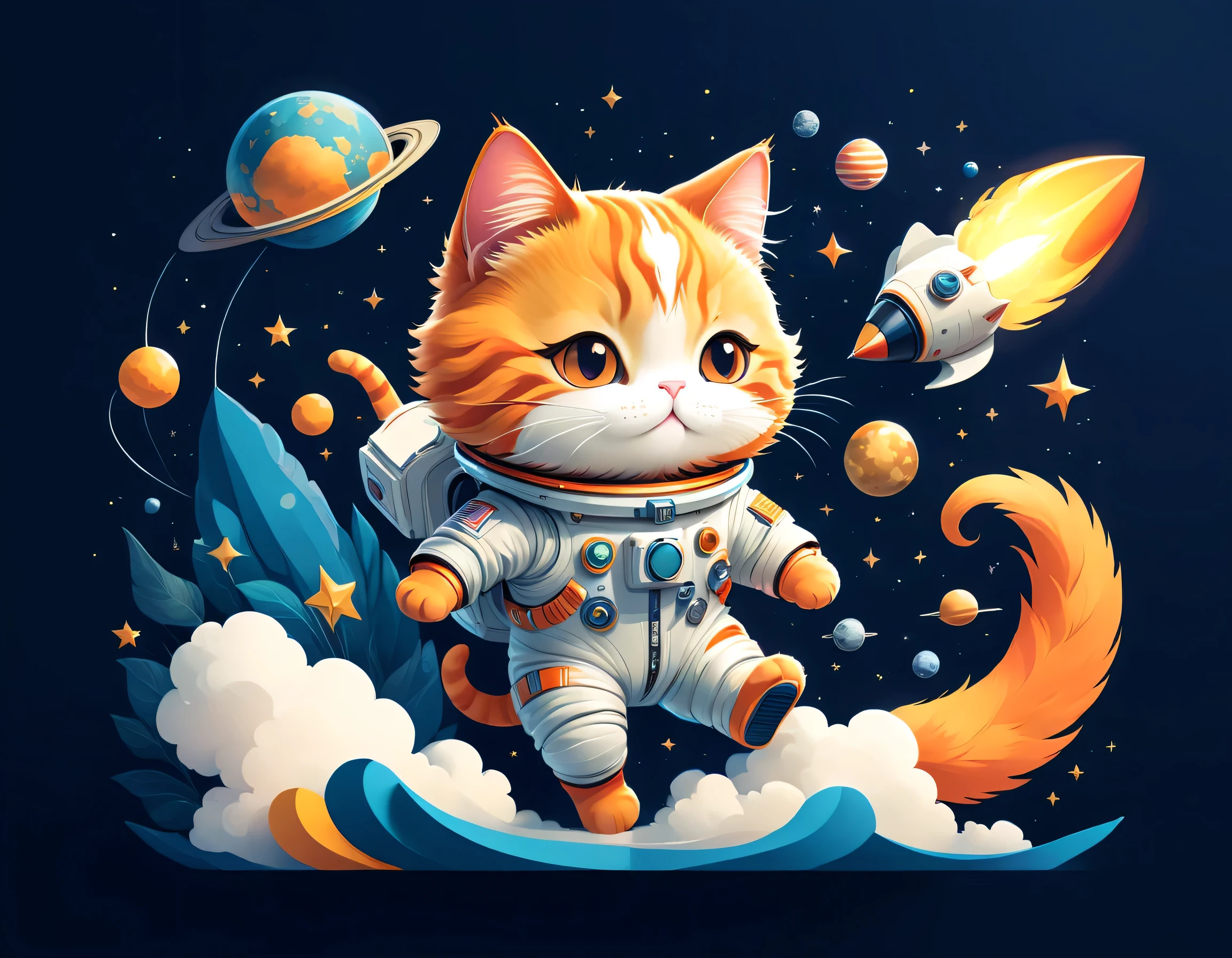 vector art:Cat astronaut,draw with thick lines,illustration,adobe,flat design,Works created by professional designers,超Brilliant宇宙旅行,orange cat:Spacesuit,Rocket emblem,technology,adventure,Inside the spaceship,Stainless steel panel,monitor,Control panel,spaceship windows,no gravity,buoyant,floating object,cute,Fantastic,Brilliant,Bokeh effect,fun,Wonderful,joy,masterpiece,最高masterpiece,rich colors,colorful,cool,rendering,zentangle elements,line art,