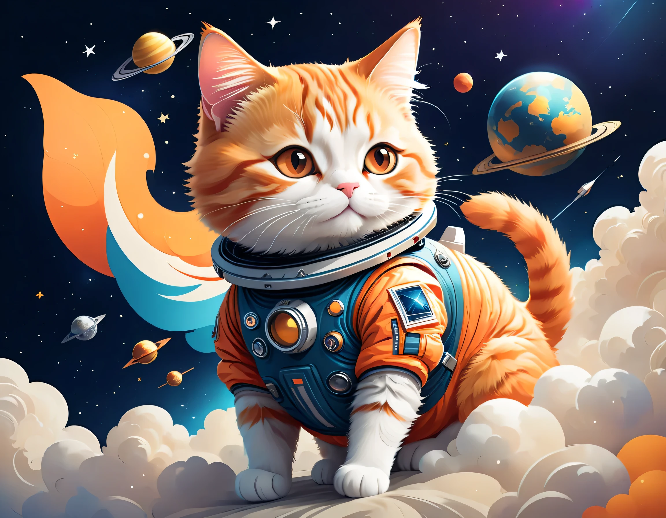 vector art:Cat astronaut,draw with thick lines,illustration,adobe,flat design,Works created by professional designers,超Brilliant宇宙旅行,orange cat:Spacesuit,Rocket emblem,technology,adventure,Inside the spaceship,Stainless steel panel,monitor,Control panel,spaceship windows,no gravity,buoyant,floating object,cute,Fantastic,Brilliant,Bokeh effect,fun,Wonderful,joy,masterpiece,最高masterpiece,rich colors,colorful,cool,rendering,zentangle elements,line art,