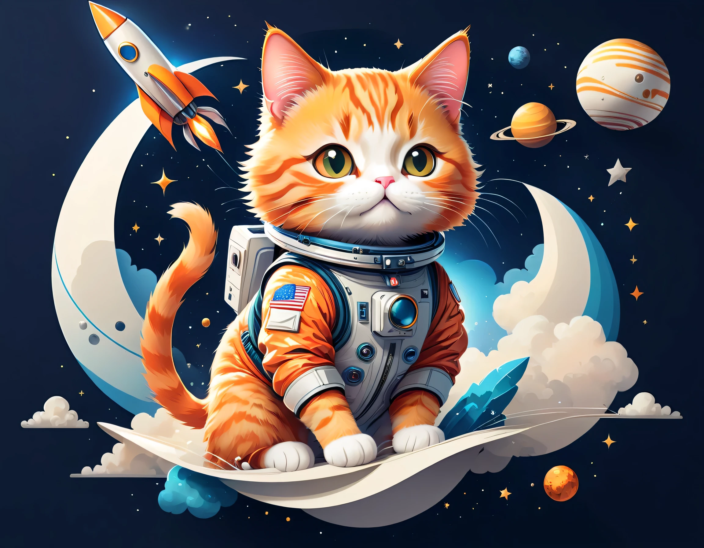 vector art:Cat astronaut,draw with thick lines,illustration,adobe,flat design,Works created by professional designers,超Brilliant宇宙旅行,orange cat:Spacesuit,Rocket emblem,technology,adventure,Inside the spaceship,Stainless steel panel,monitor,Control panel,spaceship windows,no gravity,buoyant,floating object,cute,Fantastic,Brilliant,Bokeh effect,fun,Wonderful,joy,masterpiece,最高masterpiece,rich colors,colorful,cool,rendering,zentangle elements,line art,