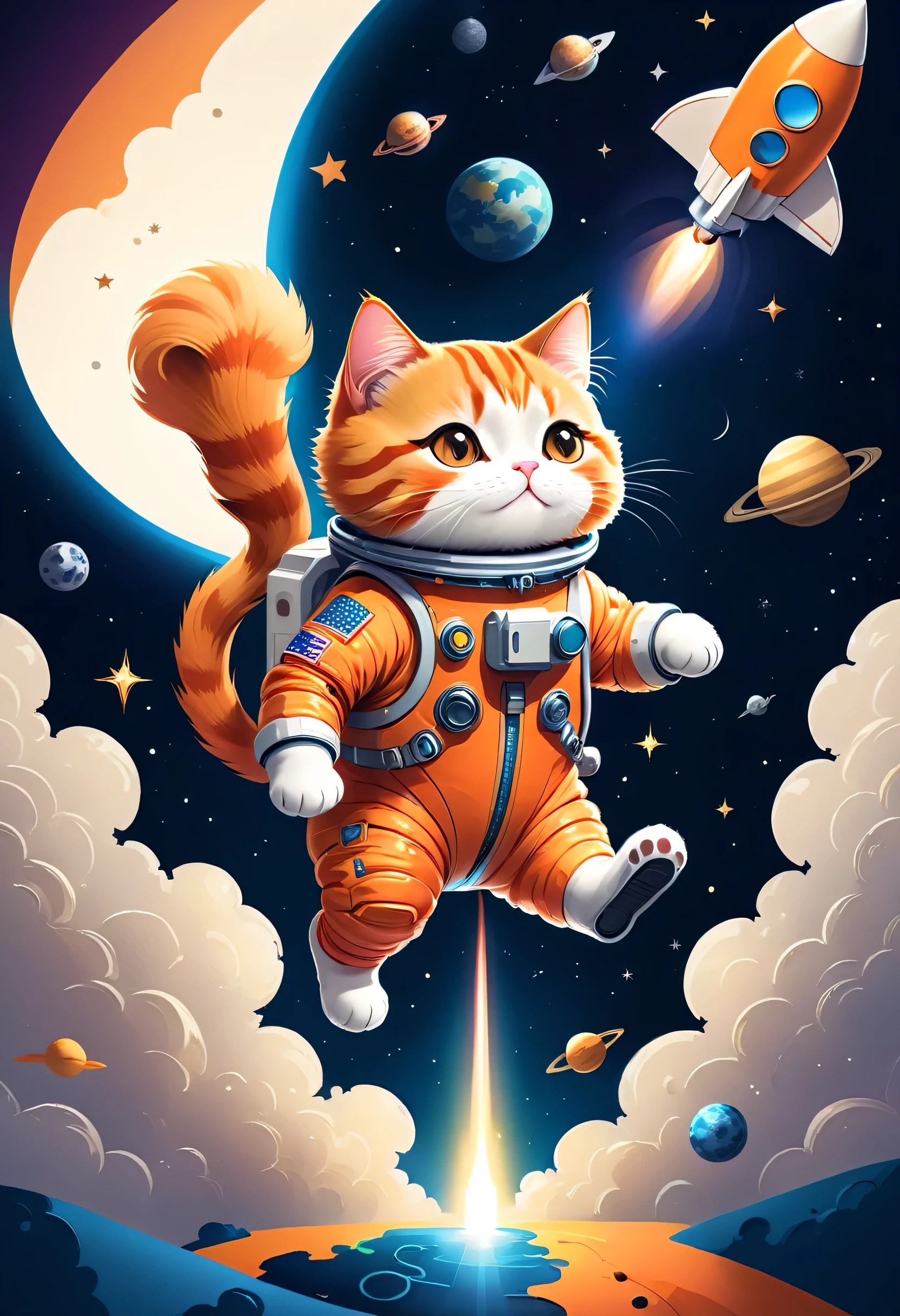 vector art:Cat astronaut,draw with thick lines,illustration,adobe,flat design,Works created by professional designers,超Brilliant宇宙旅行,orange cat:Spacesuit,Rocket emblem,technology,adventure,Inside the spaceship,Stainless steel panel,monitor,Control panel,spaceship windows,no gravity,buoyant,floating object,cute,Fantastic,Brilliant,Bokeh effect,fun,Wonderful,joy,masterpiece,最高masterpiece,rich colors,colorful,cool,rendering,zentangle elements,line art,