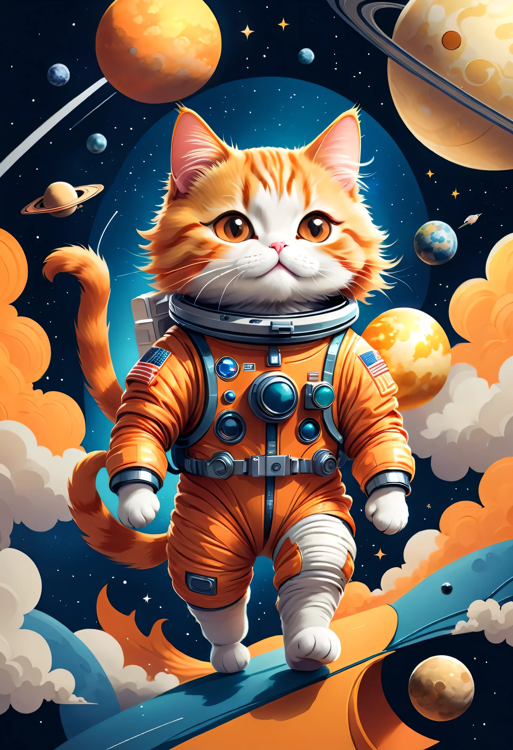 vector art:Cat astronaut,draw with thick lines,illustration,adobe,flat design,Works created by professional designers,超Brilliant宇宙旅行,orange cat:Spacesuit,Rocket emblem,technology,adventure,Inside the spaceship,Stainless steel panel,monitor,Control panel,spaceship windows,no gravity,buoyant,floating object,cute,Fantastic,Brilliant,Bokeh effect,fun,Wonderful,joy,masterpiece,最高masterpiece,rich colors,colorful,cool,rendering,zentangle elements,line art,