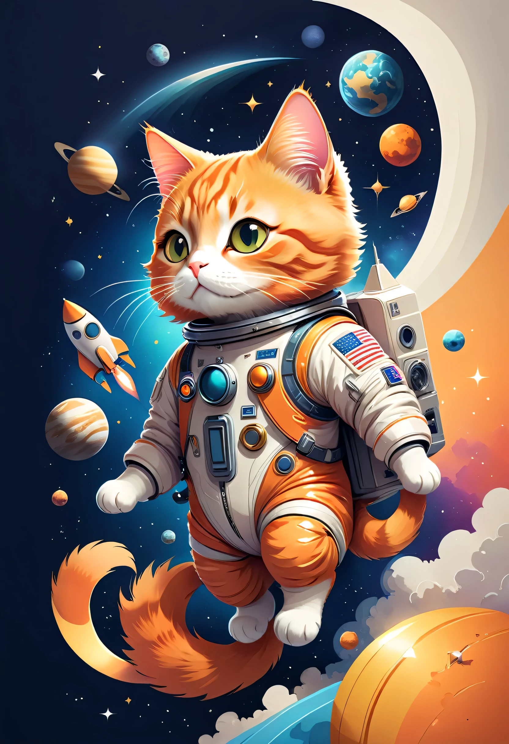 vector art:Cat astronaut,draw with thick lines,illustration,adobe,flat design,Works created by professional designers,超Brilliant宇宙旅行,orange cat:Spacesuit,Rocket emblem,technology,adventure,Inside the spaceship,Stainless steel panel,monitor,Control panel,spaceship windows,no gravity,buoyant,floating object,cute,Fantastic,Brilliant,Bokeh effect,fun,Wonderful,joy,masterpiece,最高masterpiece,rich colors,colorful,cool,rendering,zentangle elements,line art,