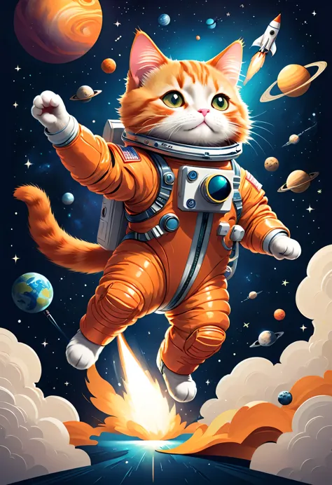 vector art:Cat astronaut,draw with thick lines,illustration,adobe,flat design,Works created by professional designers,Super Brilliant Space Travel,orange cat:Spacesuit,Rocket emblem,technology,adventure,spaceship,outer space,no gravity,buoyant,floating obj...