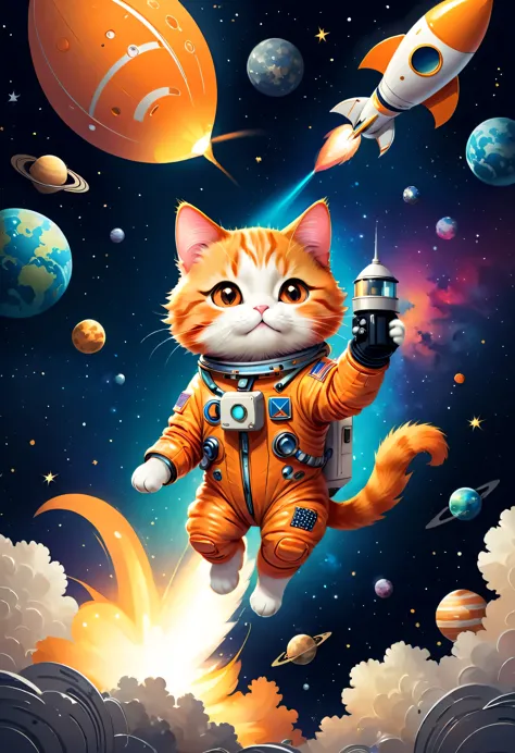 vector art:Cat astronaut,draw with thick lines,illustration,adobe,flat design,Works created by professional designers,Super Brilliant Space Travel,orange cat:Spacesuit,Rocket emblem,technology,adventure,spaceship,outer space,no gravity,buoyant,floating obj...