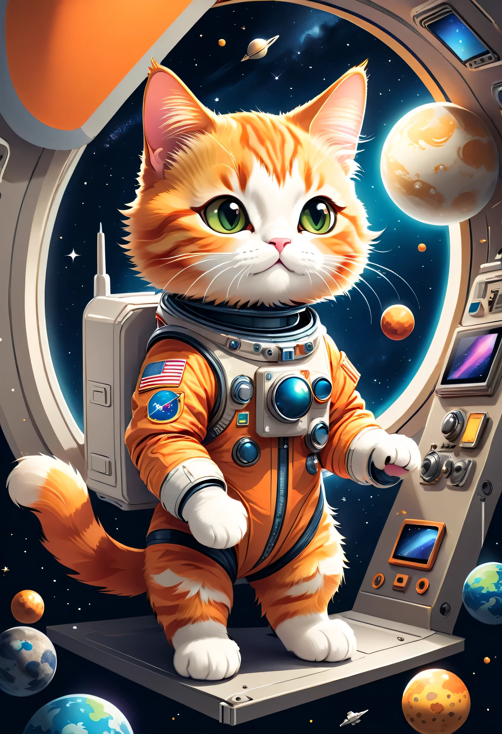 vector art:Cat astronaut,draw with thick lines,illustration,adobe,flat design,Works created by professional designers,超Brilliant宇宙旅行,orange cat:Spacesuit,Rocket emblem,technology,adventure,Inside the spaceship,Stainless steel panel,monitor,Control panel,spaceship windows,no gravity,buoyant,floating object,cute,Fantastic,Brilliant,Bokeh effect,fun,Wonderful,joy,masterpiece,最高masterpiece,rich colors,colorful,cool,rendering,zentangle elements,line art,