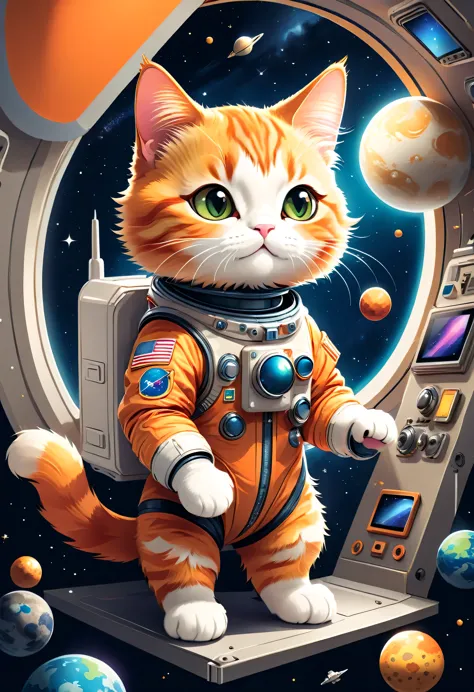 vector art:Cat astronaut,draw with thick lines,illustration,adobe,flat design,Works created by professional designers,Super Brilliant Space Travel,orange cat:Spacesuit,Rocket emblem,technology,adventure,Inside the spaceship,Stainless steel panel,monitor,Co...