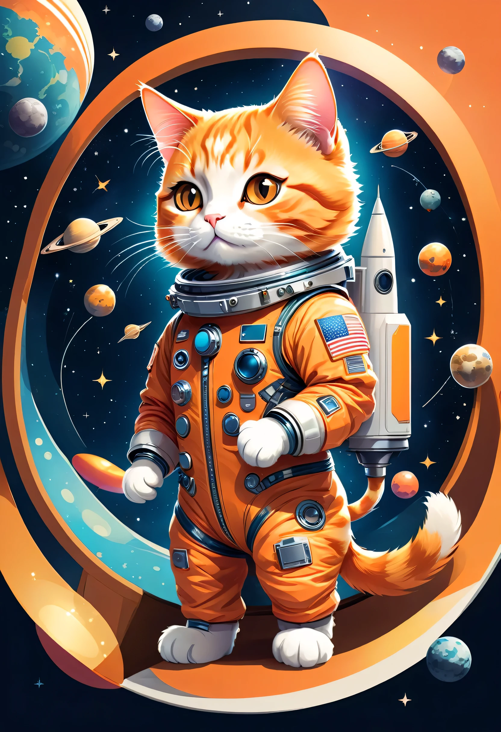 vector art:Cat astronaut,draw with thick lines,illustration,adobe,flat design,Works created by professional designers,超Brilliant宇宙旅行,orange cat:Spacesuit,Rocket emblem,technology,adventure,Inside the spaceship,Stainless steel panel,monitor,Control panel,spaceship windows,no gravity,buoyant,floating object,cute,Fantastic,Brilliant,Bokeh effect,fun,Wonderful,joy,masterpiece,最高masterpiece,rich colors,colorful,cool,rendering,zentangle elements,line art,