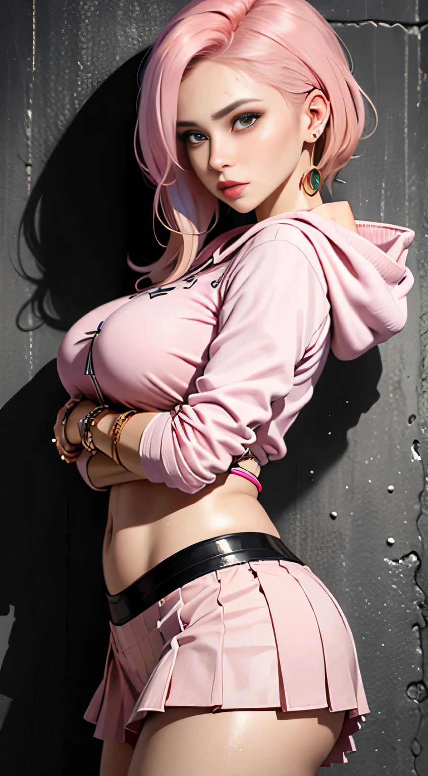 (NSFW),Professional Woman Photography, masutepiece, Big, 1womanl, Artistic background、Flirting, From  above, (sweat bangle: 1.3), blur backgroun, beautiful villain woman photo, ((pink gangster style)), pantyshot,Open front, Skirt, ((pink hoodie, Peach-colored hair)), Realistic, Beautiful lips, Brown eyes, Pink checked pleated skirt, of the highest quality, Ultra Detail, Naughty angles, long eyes, Mature beautiful face, Seductive eyes, Back lighting,