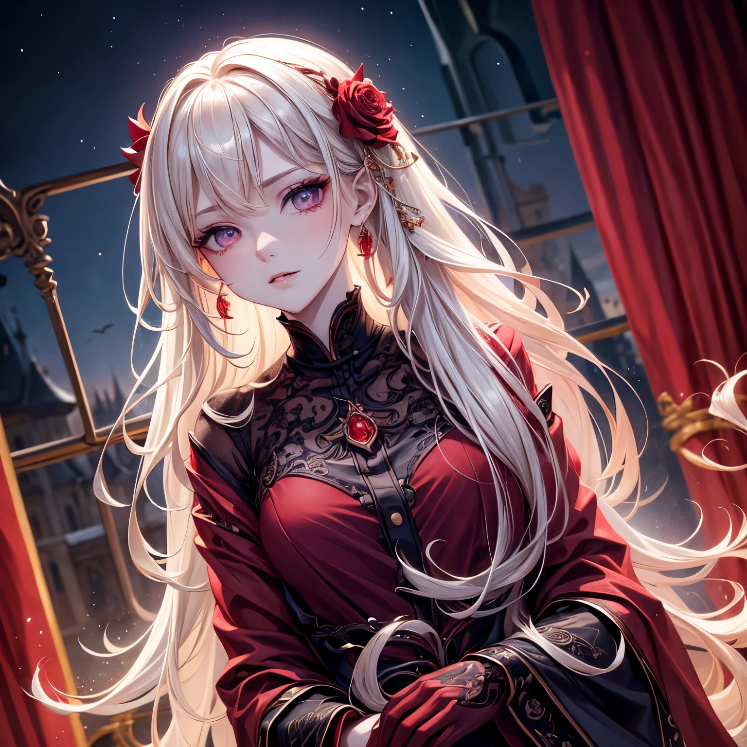 masterpiece, best quality, (focus only), (perfect face:1.1), (high detail:1.1), (Super detailed eyes), dramatic, 1 person, (pale skin), Blonde long hair, (red iris), personal focus, vampire, long hair, moon, night, red luxury suit, Pouting, castle, Detailed background, artgerm&#39;s artwork, movie lighting, Red rose, Fashion