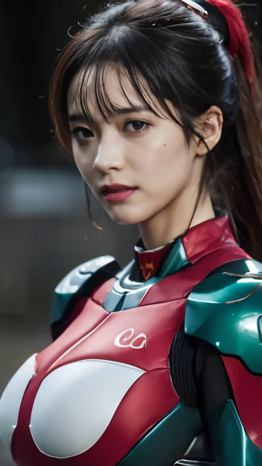 (highest quality、8K、32k、masterpiece、UHD:1.2、perfect body beauty:1.5、Wearing a futuristic hero suit with a pale pink and white shine:1.5、rain、street、Cute 25 year old Japan woman、big and full breasts:1.5、ponytail、Upper body、front、simple background、looking at the viewer、dynamic pose:1.2、sunlight pours down、NSWF:1.2