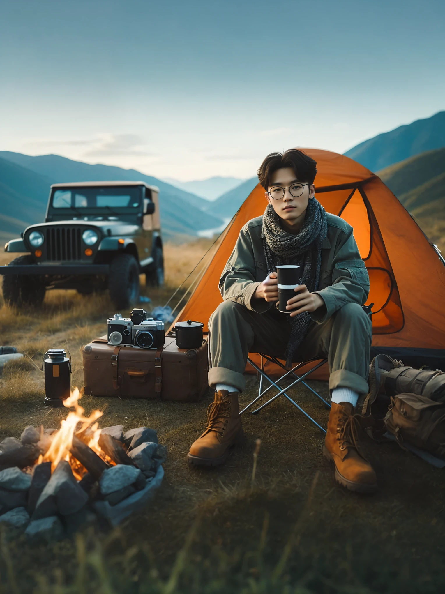 there is a man sitting in a chair next to a campfire, camping, cinematic luts, high quality portrait, trending on pexels, he is at camp, travel and adventure, cinematic. by leng jun, outdoor fine photography, pexels contest winner, perfect composition and lighting, adventuring gear, cinematic photography, shot on canon eos r5