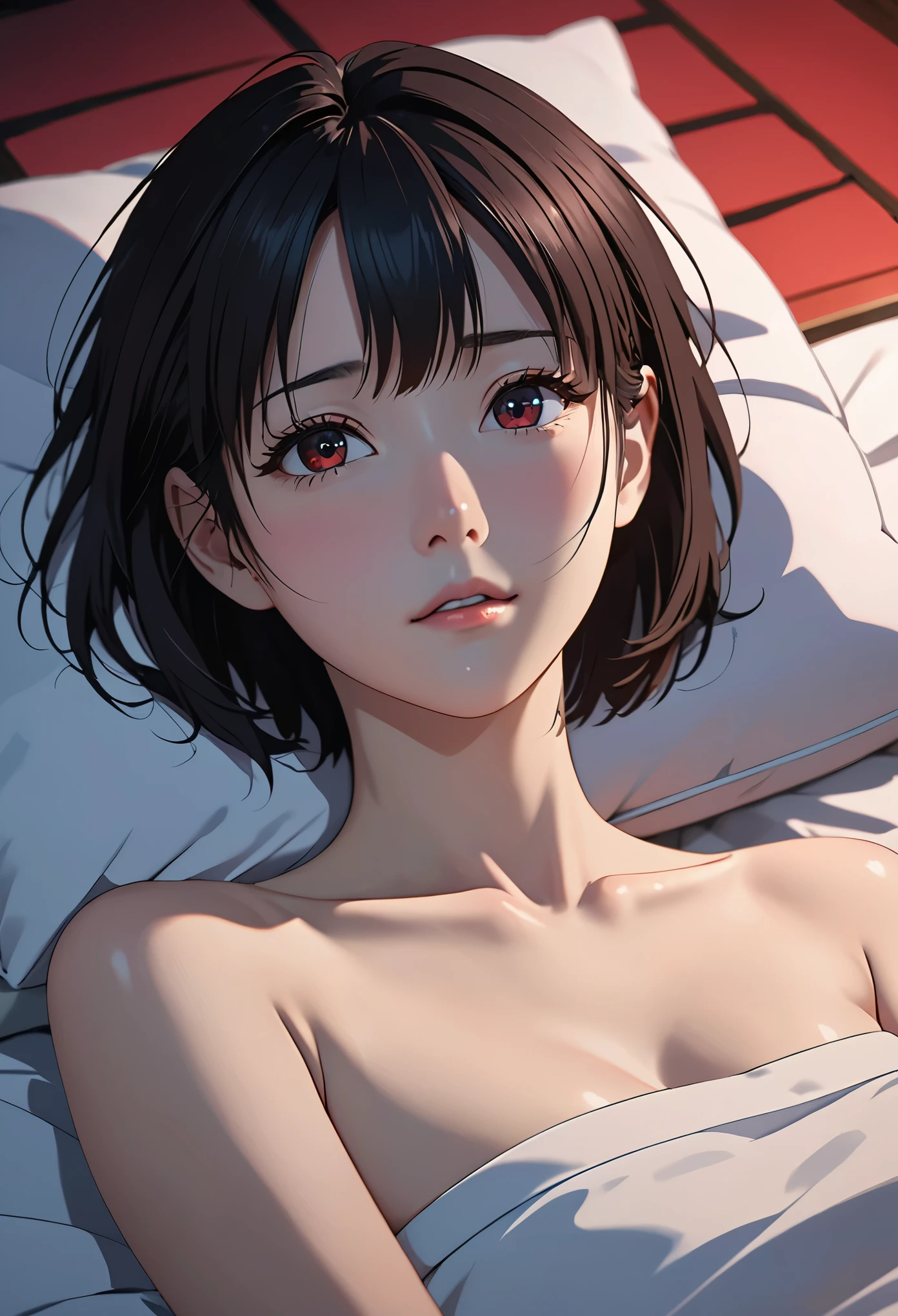nsfw,I want to see up to my kneecapasterpiece, High resolution, figure, Kyoto animation style, your name is movie style, night, midnight, light, (1 female: 1.3), (alone: 1.4), long eyelashes, short bob, nose becomes red, futon, lying down, naked,  Hide with hands chest, hide with hands,lying on the bed
