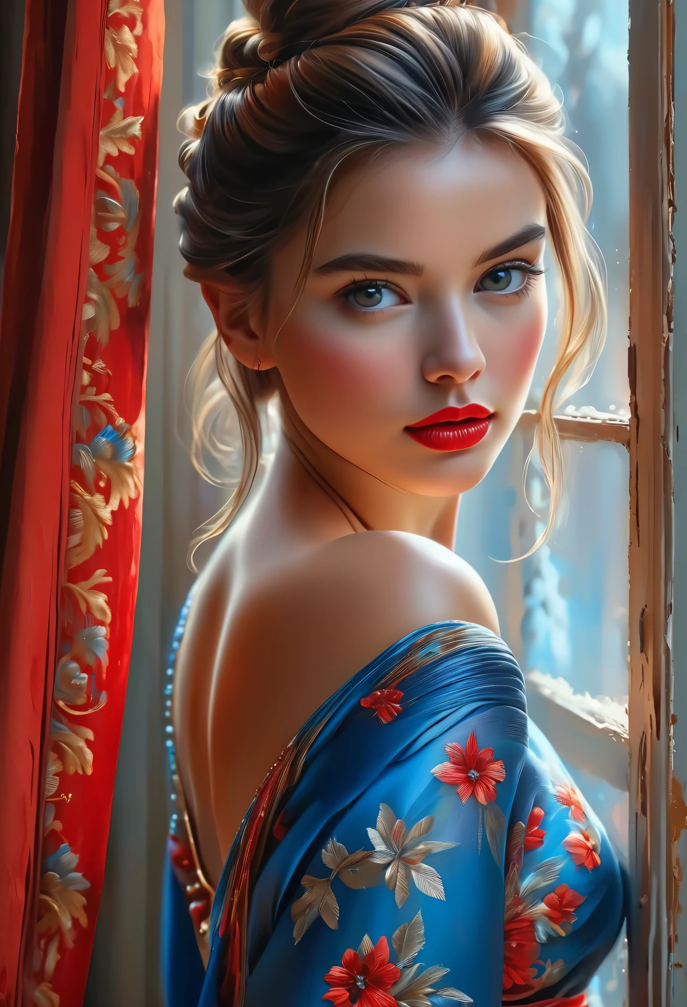 (Best Quality, 4K, 8K, High Resolution, Masterpiece: 1.2), (Super Detailed, Realistic, Photorealistic:1.37)A captivating young girl, donning a striking ensemble of red and blue, stands before a window with an air of toughness and determination. Her enchanting eyes are exquisitely detailed, capturing every glimmer and depth, while her lips boast a meticulous beauty that is both captivating and alluring. The level of detail extends to her entire face, each contour and feature meticulously rendered to perfection, creating a sense of hyper-realism that draws the viewer in. 

The girl's attire, reminiscent of oil painting art, is a work of art in itself. The fabric, skillfully crafted to resemble vibrant brushstrokes, adds a touch of dynamism to her overall appearance. It is a true reflection of the artist's talent, showcasing a mastery, (NSFW:1.5), Chignon hairstyle, beautiful nipples