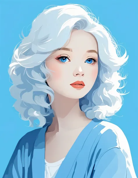 vector art，Helen Huang style，Modern girl，portrait，white hair，blue background，vector illustration vector illustration，Flat design...
