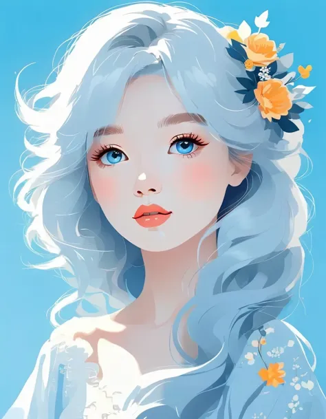 vector art，helen huang style，modern girl，portrait，white hair，blue background，vector illustration vector illustration，flat design...