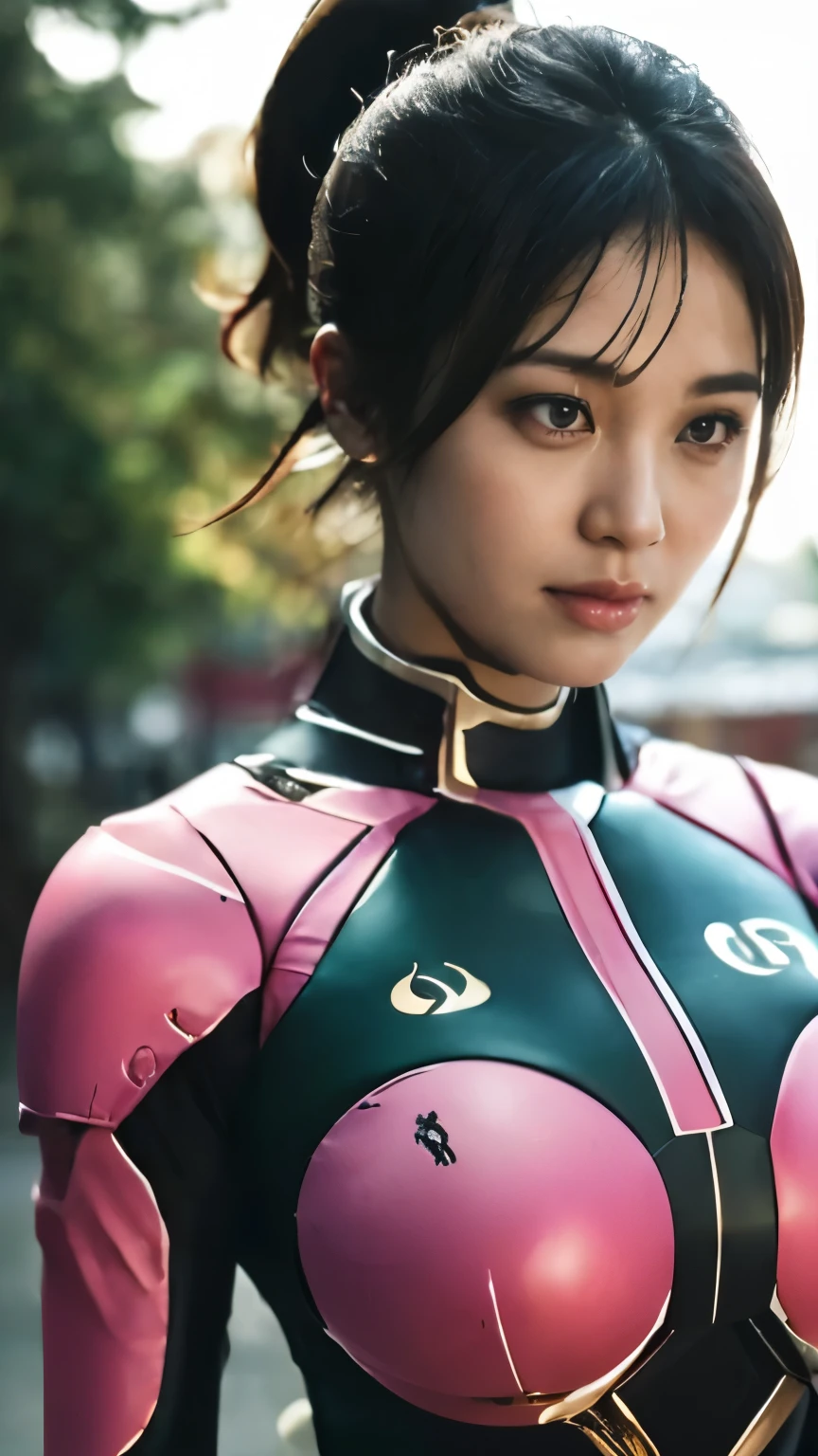 (highest quality、8K、32k、masterpiece、UHD:1.2、perfect body beauty:1.5、Wearing a futuristic hero suit with a pale pink and white shine:1.5、rain、street、Cute 25 year old Japan woman、big and full breasts:1.5、ponytail、Upper body、front、simple background、looking at the viewer、dynamic pose:1.2、sunlight pours down、NSWF:1.2