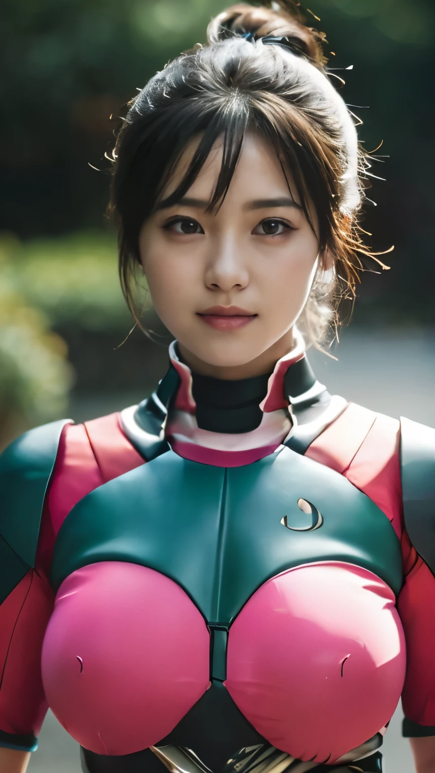 (highest quality、8K、32k、masterpiece、UHD:1.2、perfect body beauty:1.5、Wearing a futuristic hero suit with a pale pink and white shine:1.5、rain、street、Cute 25 year old Japan woman、big and full breasts:1.5、ponytail、Upper body、front、simple background、looking at the viewer、dynamic pose:1.2、sunlight pours down、NSWF:1.2