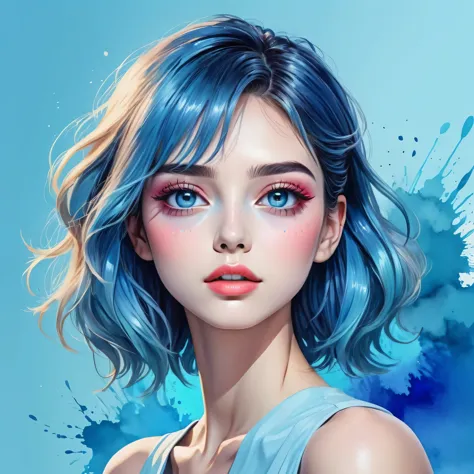 (very bright:1.4), light blue background, [1 girl::7],long eyelashes、glossy lips、blue gradient skin、eye shadow、 (head tilt:1.2),...