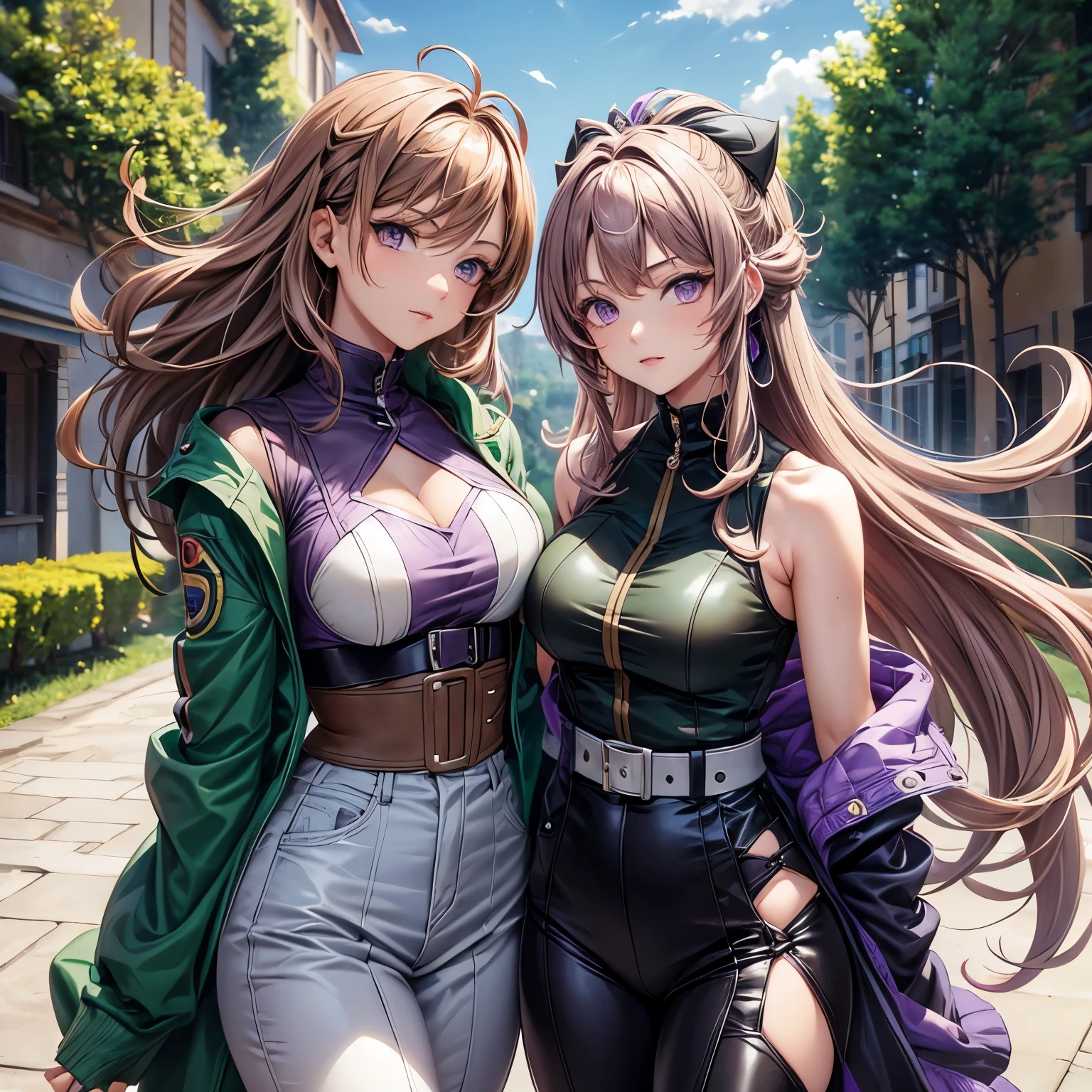 italian girl anime version (Control the power of the wind, Purple eyes and light brown medium hair, Italian green and black sleeveless clothes and jackets)