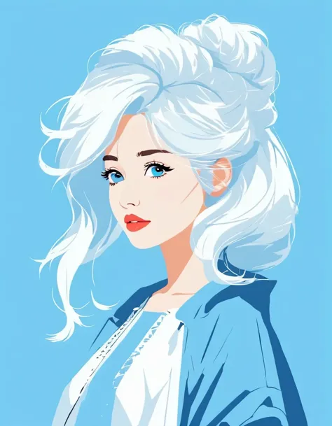 vector art，Helen Huang style，Modern girl，portrait，white hair，blue background，vector illustration vector illustration，Flat design...