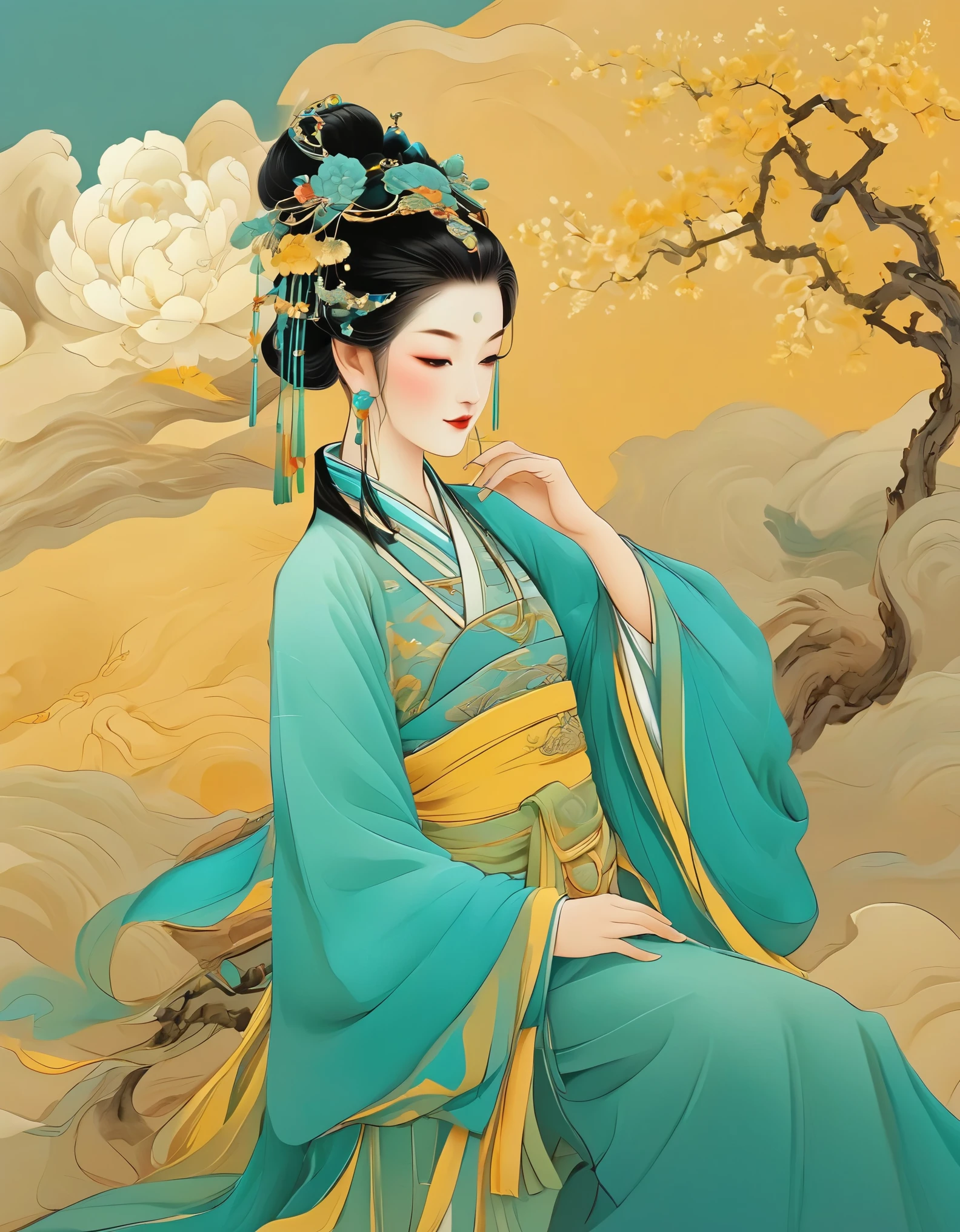 vector art，the plane vector art illustration，扁平vector art插画，the charm of traditional Chinese culture Chinese traditional culture style， Turquoise green and light yellow Turquoise green and light yellow，Dunhuang costume，Dunhuang Clothing